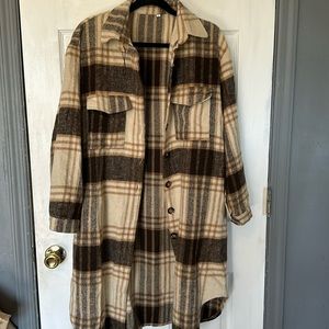 Long Plaid Shirt Jacket Shacket Lapel Button Down Woolen Blend